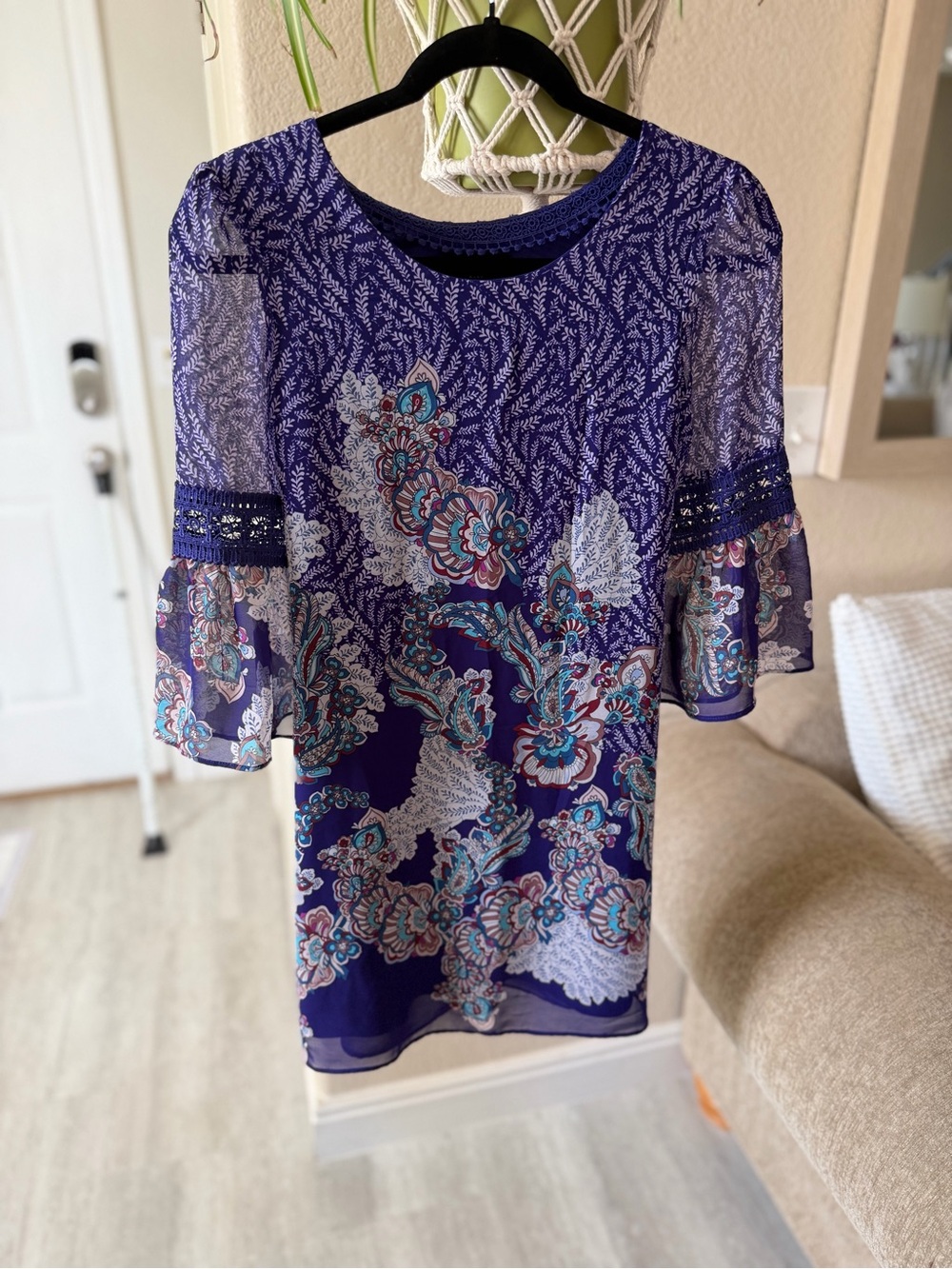 Girls Iz Byer Royal Purple Floral Sheer Bell Sleeve Top
